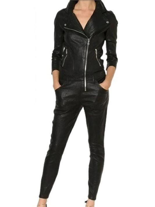 Avanzar Leather Women's Fabulous Asymmetric Zipper Real Sheepskin Black Leather Jumpsuit