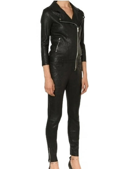 Avanzar Leather Women's Fabulous Asymmetric Zipper Real Sheepskin Black Leather Jumpsuit