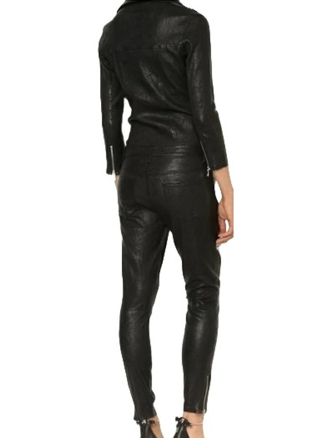 Avanzar Leather Women's Fabulous Asymmetric Zipper Real Sheepskin Black Leather Jumpsuit