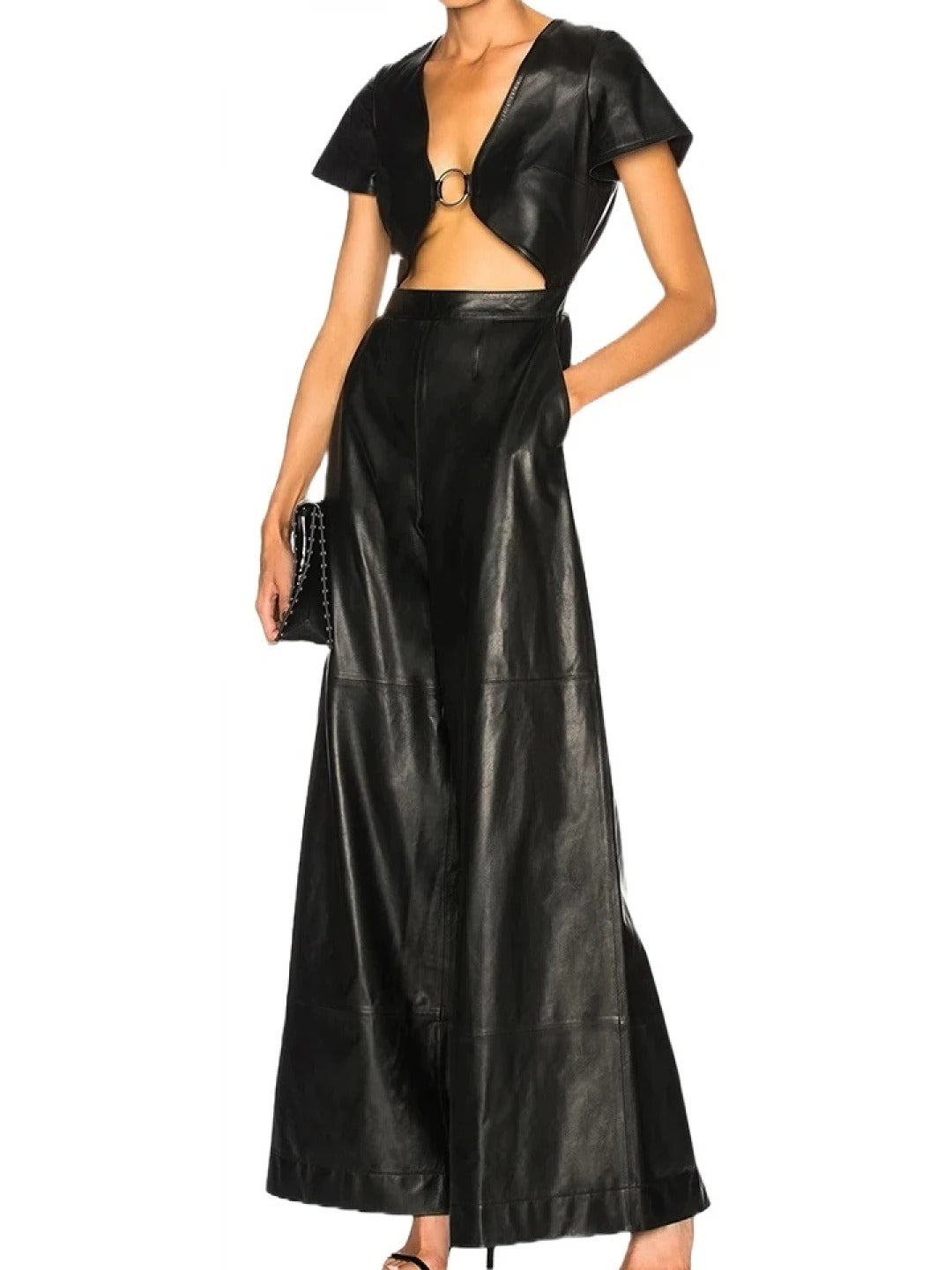 Avanzar Leather Women's Glamorous Original Sheepskin Black Leather Jumpsuit