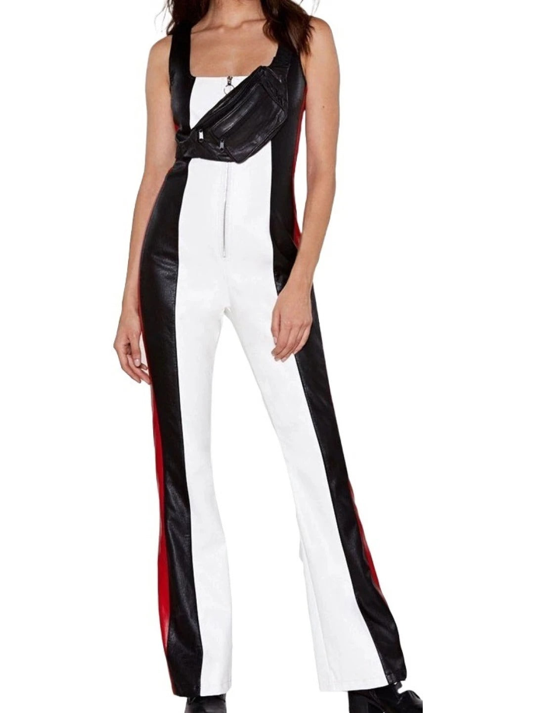 Avanzar Leather Women's Glamorous Wear Original Sheepskin White, Red, and Black Leather Jumpsuit