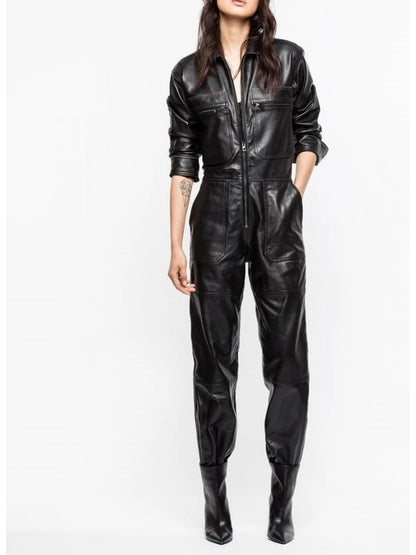 Avanzar Leather Women's Halloween Fashion Genuine Black Leather Catsuit Jumpsuit