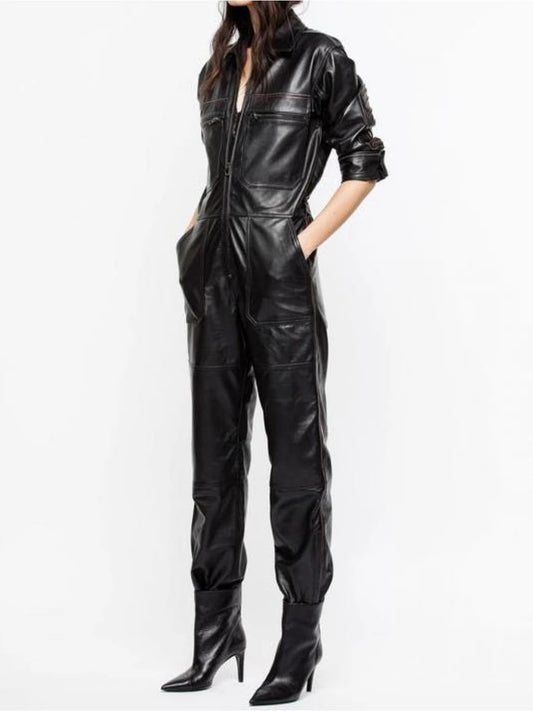 Avanzar Leather Women's Halloween Fashion Genuine Black Leather Catsuit Jumpsuit