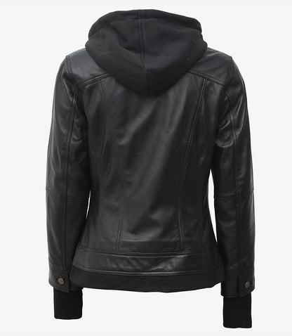 Women’s Black Leather Bomber Jacket with Removable Hood – Avanzar Leather