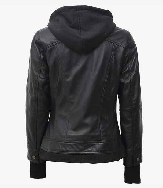 Women’s Black Leather Bomber Jacket with Removable Hood – Avanzar Leather