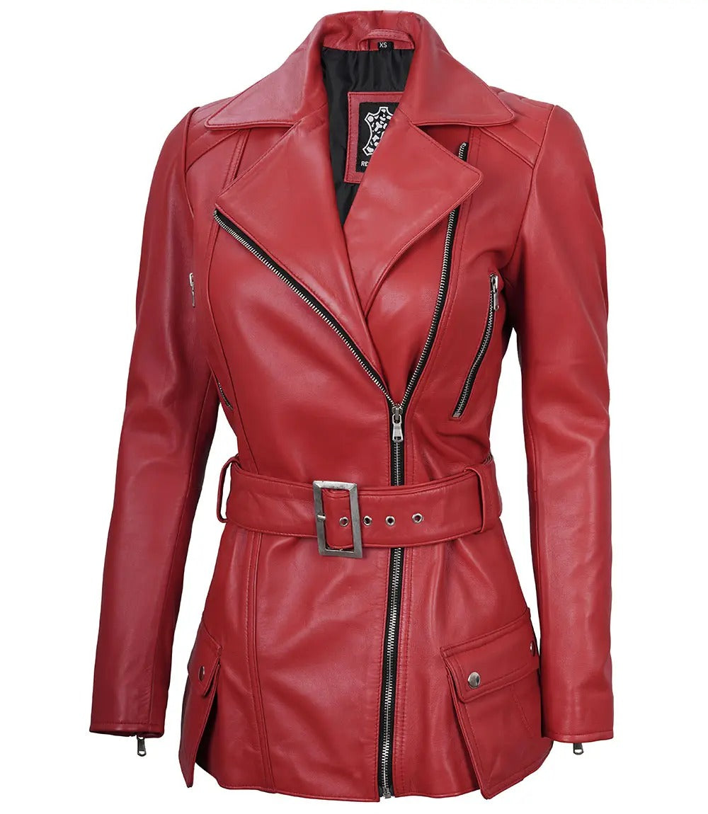 Avanzar Leather Women's Asymmetrical Red Belted Leather Jacket