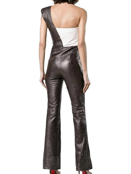 Avanzar Leather Women's One Shoulder Original Sheepskin Black and White Leather Jumpsuit