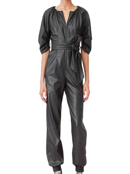 Avanzar Leather Women's Round Neck Original Sheepskin Black Leather Jumpsuit