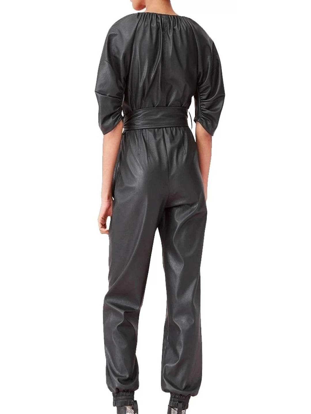 Avanzar Leather Women's Round Neck Original Sheepskin Black Leather Jumpsuit