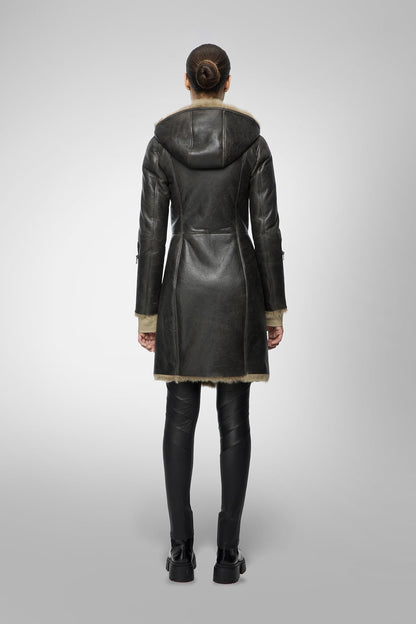 Women's Black Shearling Parka Leather Coat