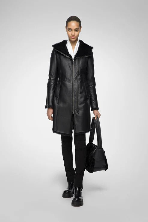 Women's Black Sheepskin Fur Leather Coat