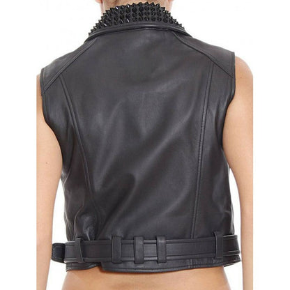 Women's Black Studded Leather Vest with Belted Waist