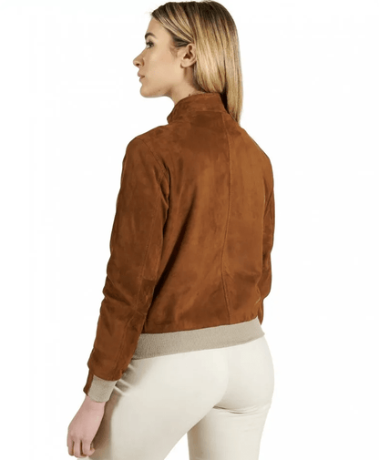 Women's Dark Brown Suede Leather Bomber Jacket