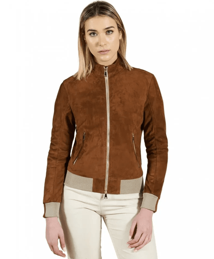 Women's Dark Brown Suede Leather Bomber Jacket