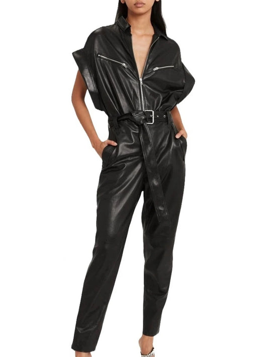 Avanzar Leather Women's Trendsetting Real Sheepskin Black Leather Jumpsuit