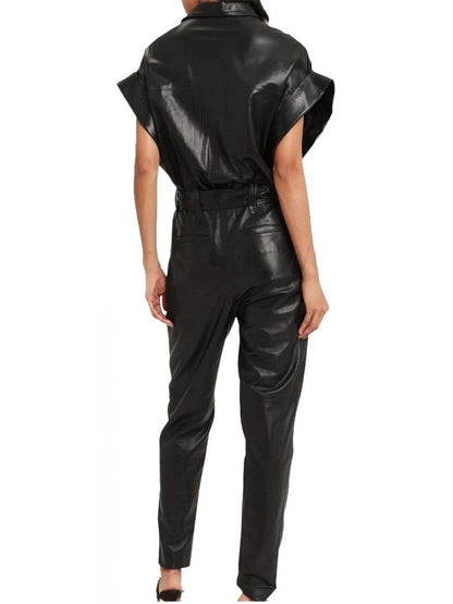 Avanzar Leather Women's Trendsetting Real Sheepskin Black Leather Jumpsuit