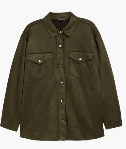 Women's Khaki Trucker Suede Leather Shirt with Classic Fit