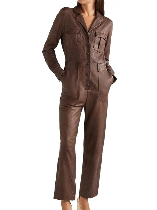 Avanzar Leather Women's Unique Pure Sheepskin Brown Leather Jumpsuit