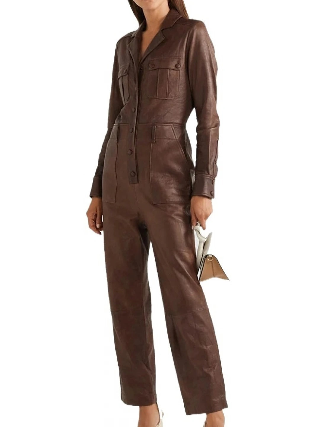 Avanzar Leather Women's Unique Pure Sheepskin Brown Leather Jumpsuit