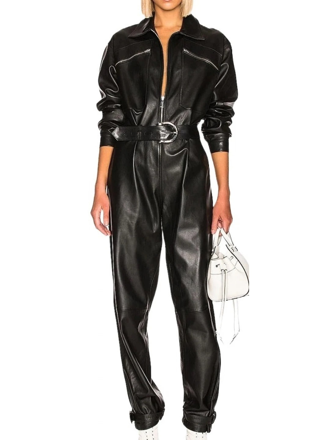 Avanzar Leather Women's Unique Trendy Original Sheepskin Black Leather Jumpsuit