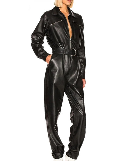 Avanzar Leather Women's Unique Trendy Original Sheepskin Black Leather Jumpsuit