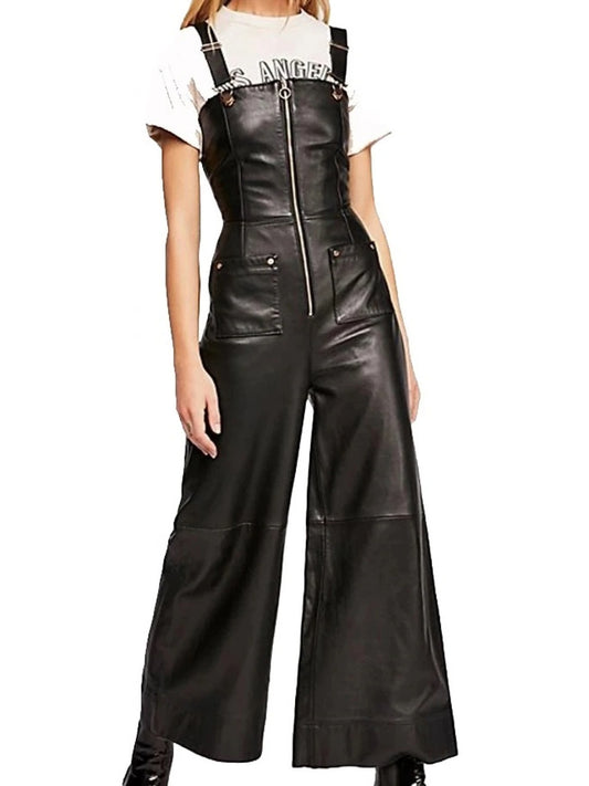 Avanzar Leather Women's Wide Leg Pure Lambskin Black Leather Jumpsuit