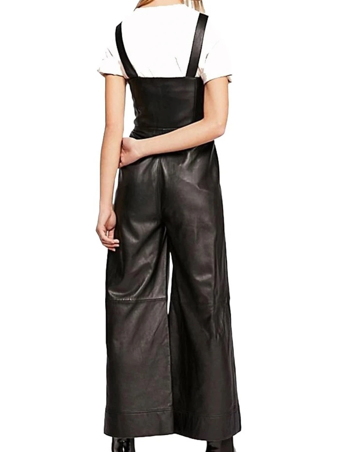 Avanzar Leather Women's Wide Leg Pure Lambskin Black Leather Jumpsuit