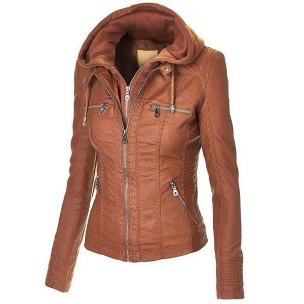 Women’s Brown Faux Leather Zip-Up Hooded Jacket by Avanzar Leather
