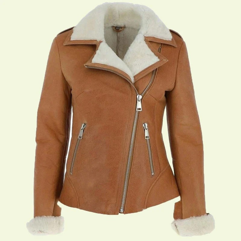 Women’s Camel Brown Aviator Jacket with Shearling – Avanzar Leather