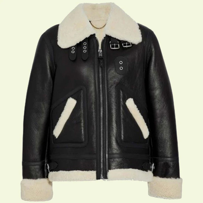 Women's Ivory B3 Shearling Leather Aviator Jacket