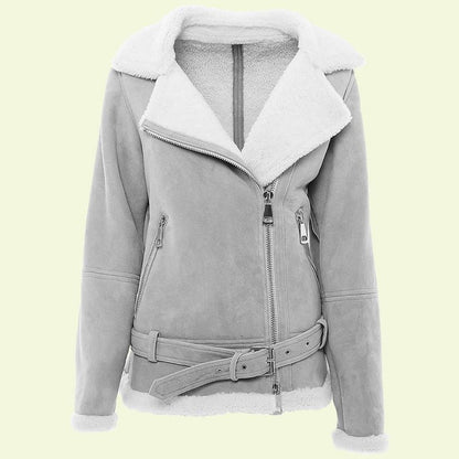 Women’s Grey Aviator Jacket – Real Leather with White Shearling