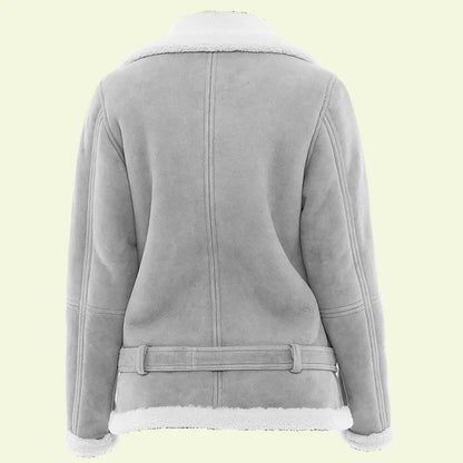 Women’s Grey Aviator Jacket – Real Leather with White Shearling