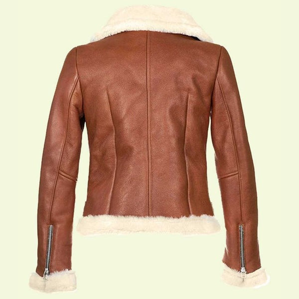 Women’s Brown Leather Jacket with White Shearling by Avanzar Leather