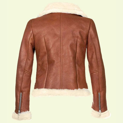 Women’s Brown Leather Jacket with White Shearling by Avanzar Leather