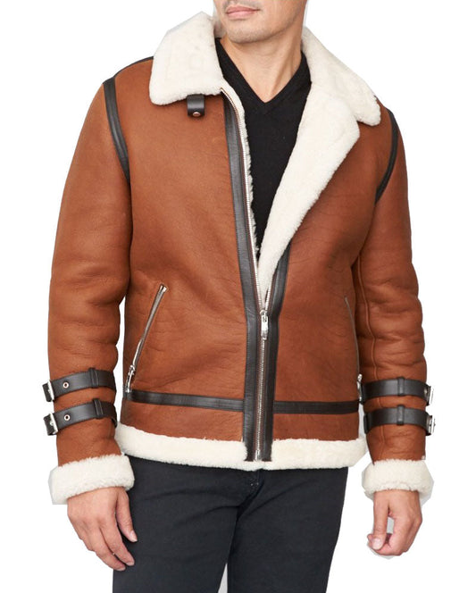 Shearling Sheepskin Moto Jacket Brown