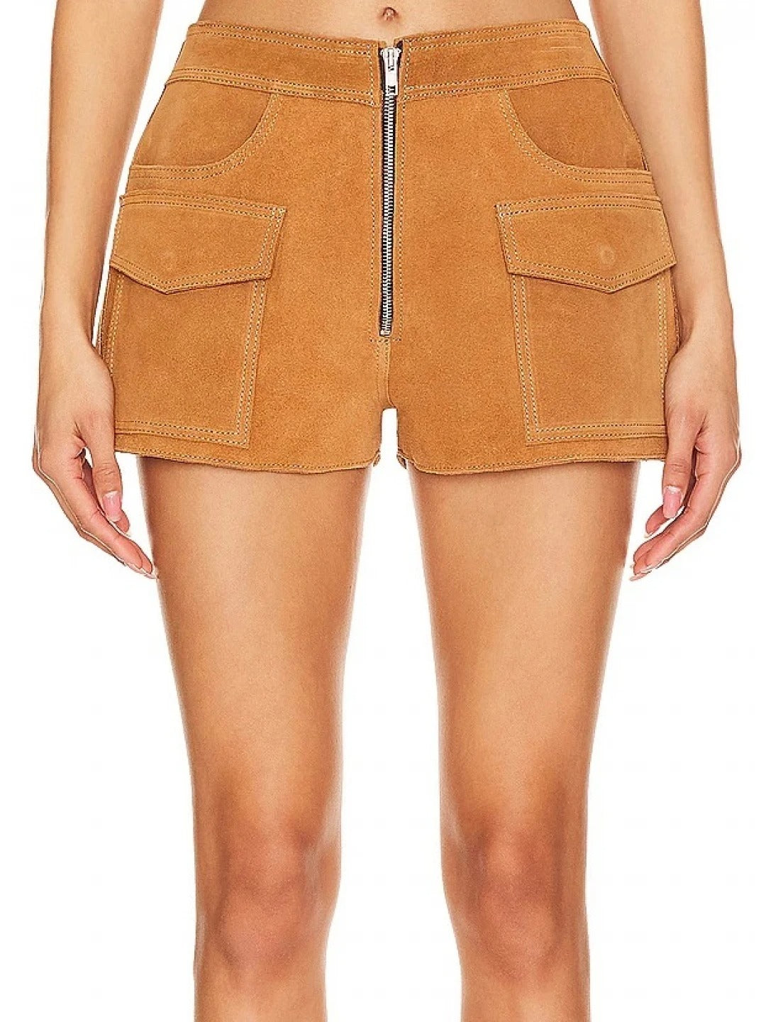 Men’s Camel Suede Leather Shorts with Zip Fly – Stylish and Comfortable