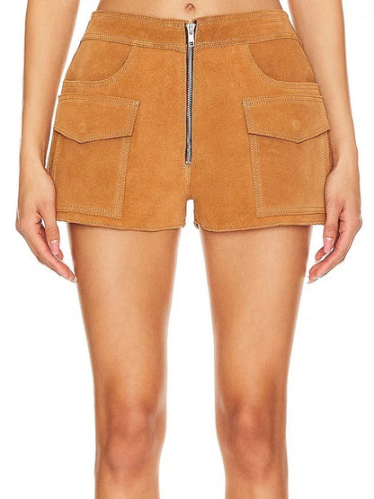 Men’s Camel Suede Leather Shorts with Zip Fly – Stylish and Comfortable