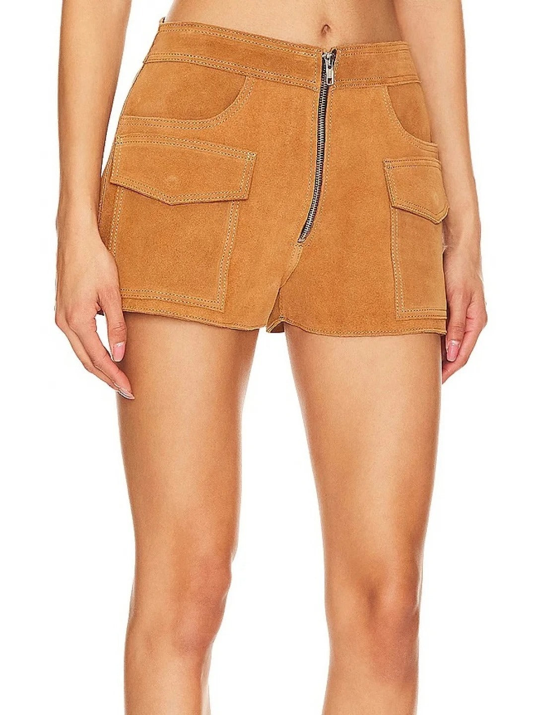 Men’s Camel Suede Leather Shorts with Zip Fly – Stylish and Comfortable