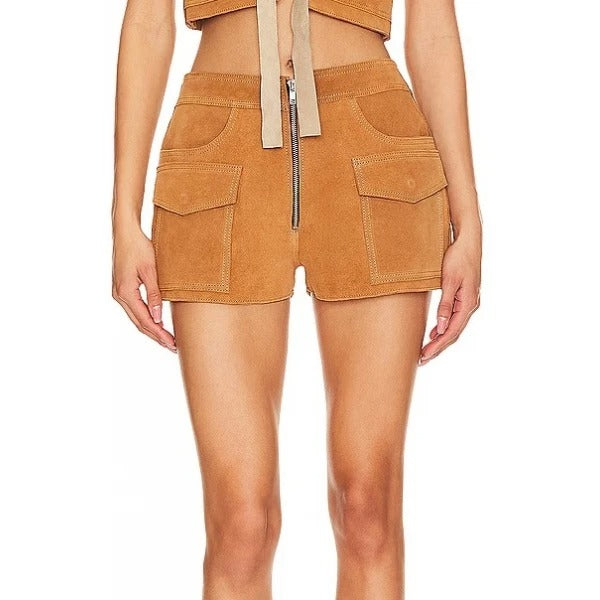 women's Camel Suede Leather Shorts with Zip Fly – Stylish and Comfortable