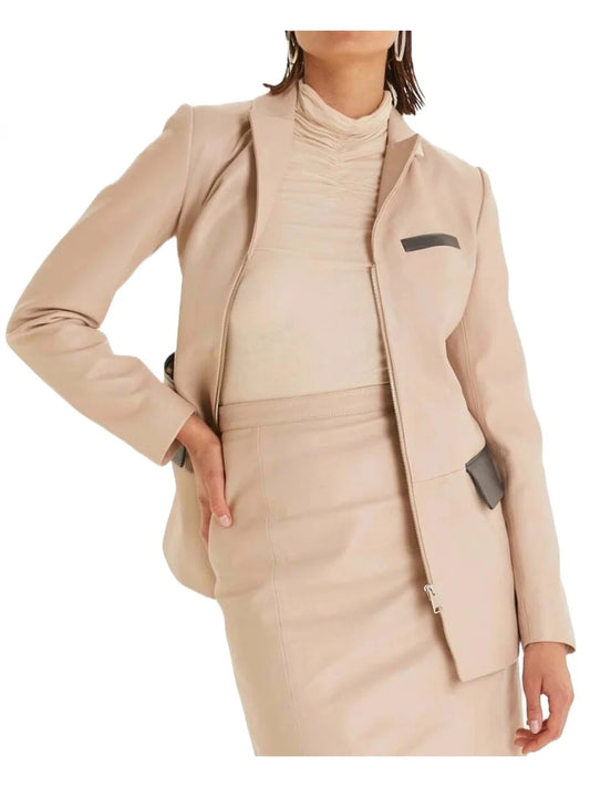 Beige Leather Blazer with Zipper Closure – Sleek & Modern Jacket