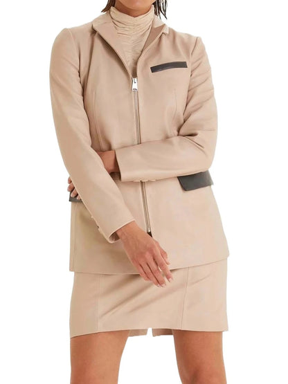 Beige Leather Blazer with Zipper Closure – Sleek & Modern Jacket