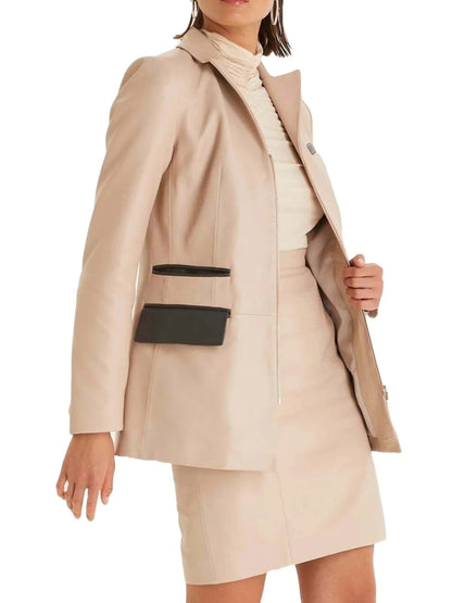 Beige Leather Blazer with Zipper Closure – Sleek & Modern Jacket