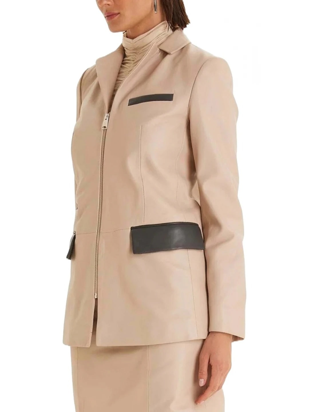 Beige Leather Blazer with Zipper Closure – Sleek & Modern Jacket