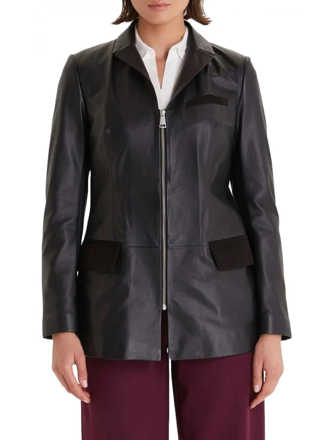 Black Leather Blazer with Zipper Closure – Sleek & Sophisticated Jacket