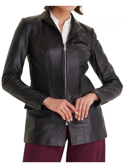 Black Leather Blazer with Zipper Closure – Sleek & Sophisticated Jacket