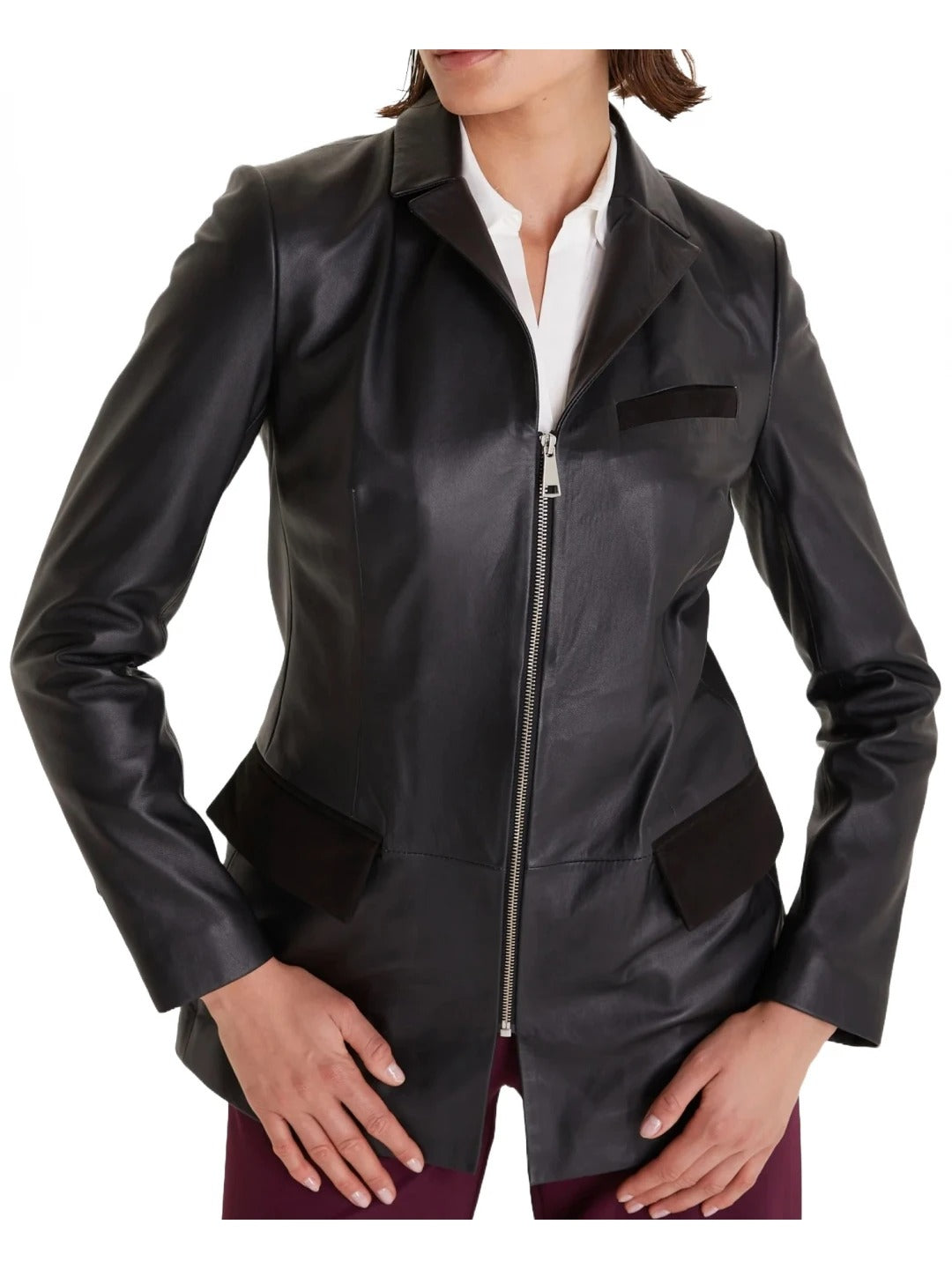 Black Leather Blazer with Zipper Closure – Sleek & Sophisticated Jacket