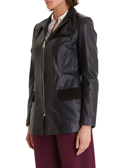 Black Leather Blazer with Zipper Closure – Sleek & Sophisticated Jacket